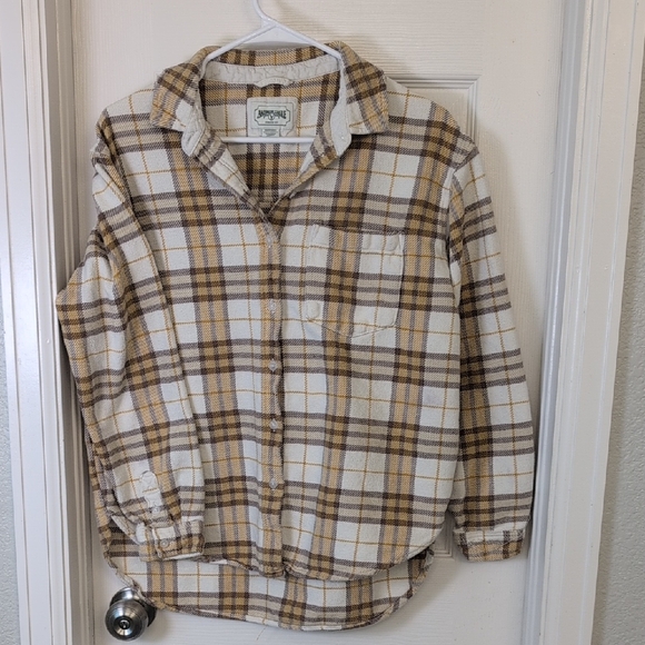 American Eagle Outfitters White and Brown Plaid Button Down Shirt Flannel Cotton - Picture 2 of 11